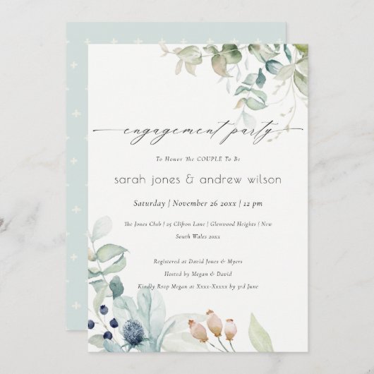 Invitation Fiançailles de feuillage bleu pastel do (Devant / Derrière)