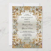 Invitation Fiançailles de fleurs blanches ornées dorées (Devant)