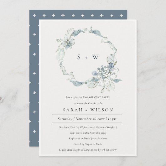 Invitation Fiançailles de fleurs bleu doux (Devant / Derrière)