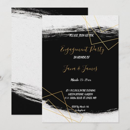 Invitation Fiançailles de géométrie moderne Black & Gold Wate (Devant / Derrière)