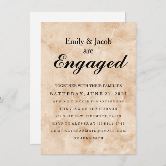Invitation Fiançailles de mariage élégant en marbre (Devant / Derrière)