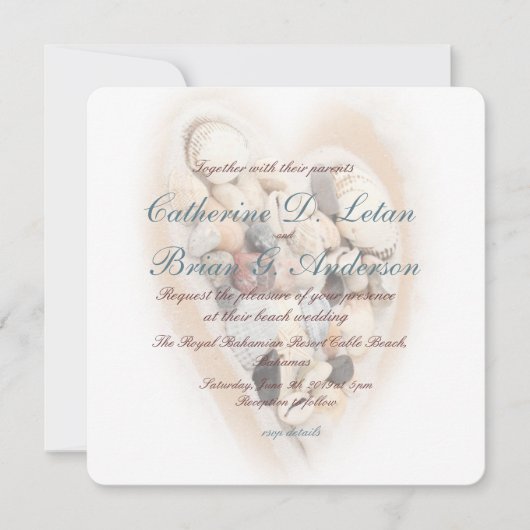 Invitation Fiançailles de mariage Heart of Seashells Beach We (Devant)