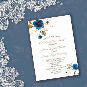 Invitation Fiançailles de monogramme floral en or bleu blanc