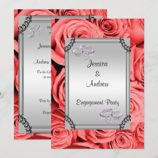 Invitation Fiançailles de Roses Rouges et Bagues de Mariage e (Devant / Derrière)