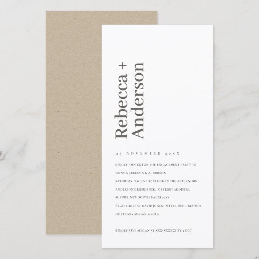INVITATION FIANÇAILLES DE TYPOGRAPHIE NOIR ET BLAN (Devant / Derrière)