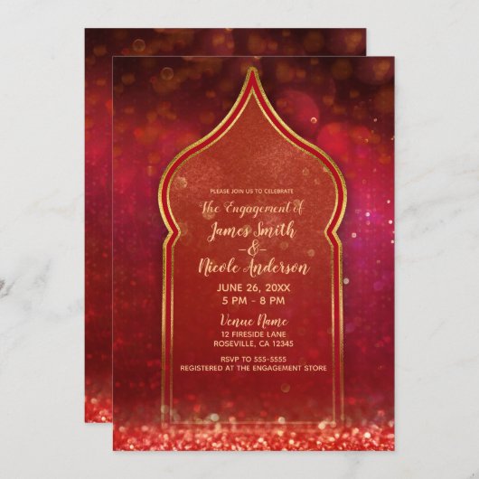 Invitation Fiançailles des nuits arabes du Maroc rouge & or (Devant / Derrière)