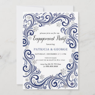 Invitation Fiançailles d'hiver Navy Argent Flocons de Neige
