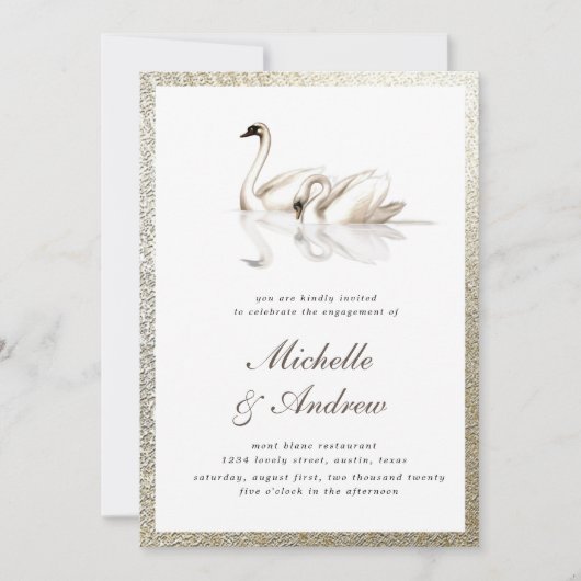 Invitation Fiançailles d'or texturé de cygnes blancs (Devant)