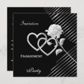 Invitation Fiançailles Elegant Striant Black Silver Rose (Devant / Derrière)