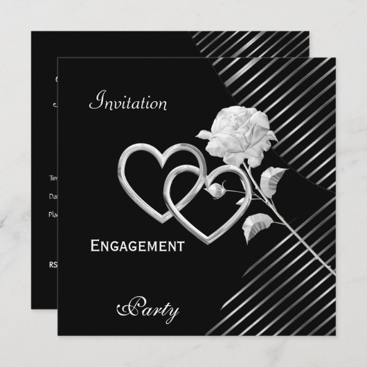 Invitation Fiançailles Elegant Striant Black Silver Rose (Devant / Derrière)