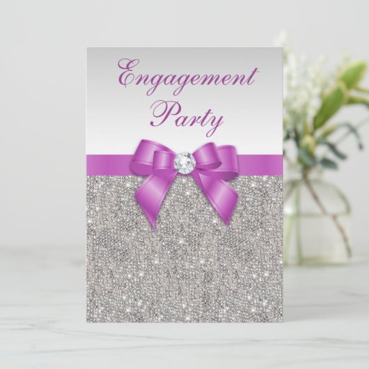Invitation Fiançailles Faux Silver Sequins Radiant Orchid Bow (Debout devant)