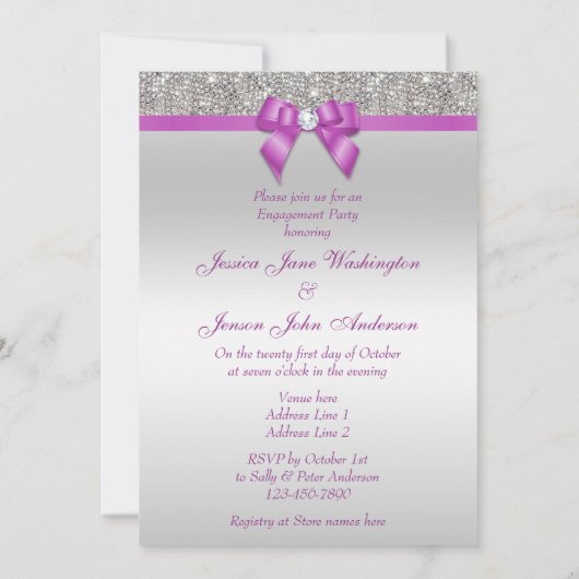 Invitation Fiançailles Faux Silver Sequins Radiant Orchid Bow (Dos)