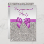 Invitation Fiançailles Faux Silver Sequins Radiant Orchid Bow (Devant / Derrière)