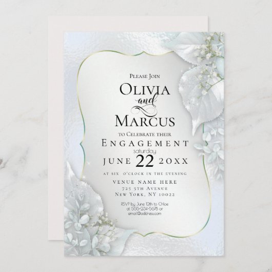 Invitation FIANÇAILLES | Feuilles Icy Blue Shimmer (Devant / Derrière)