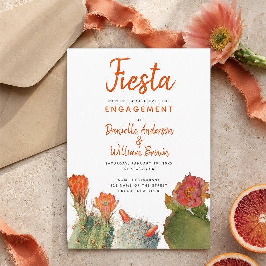 Invitation Fiançailles Fiesta Cactus Fleurs Écriture à l'aqua