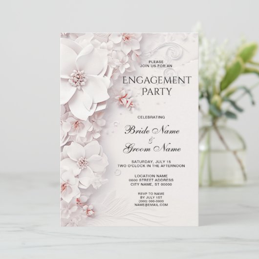 Invitation Fiançailles Fleuris Rose Ivory Blush (Debout devant)