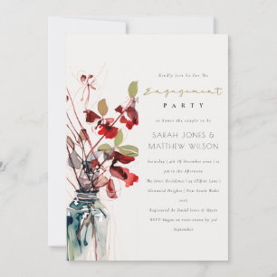 Invitation Fiançailles Fleuris Rouge Vert Vintage Boho