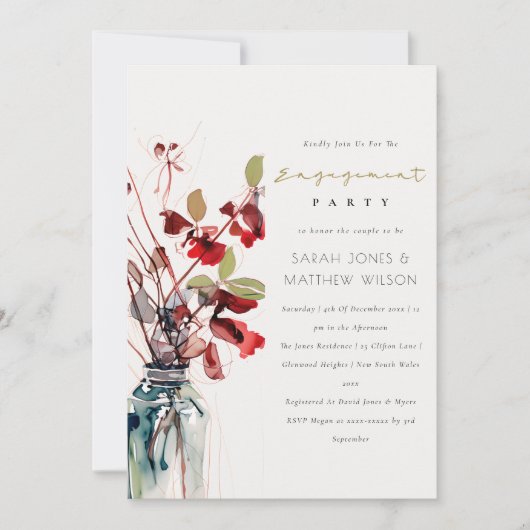 Invitation Fiançailles Fleuris Rouge Vert Vintage Boho (Devant)