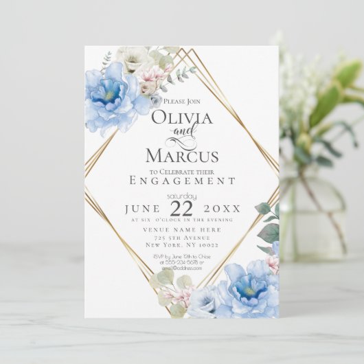 Invitation FIANÇAILLES | Fleurs d'aquarelle bleu tropical (Debout devant)