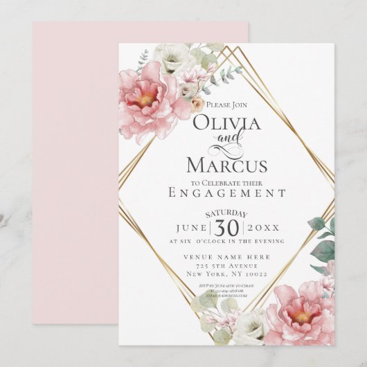Invitation FIANÇAILLES | Fleurs d'aquarelle rose pâle (Devant / Derrière)