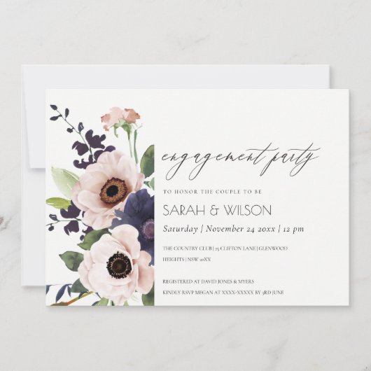 Invitation Fiançailles floral Anemone Blush Navy (Devant)