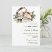 Invitation Fiançailles floral blanc anneaux Mariage espagnol  (Debout devant)