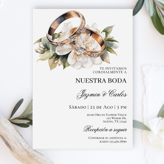 Invitation Fiançailles floral blanc anneaux Mariage espagnol 