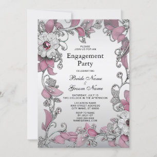 Invitation Fiançailles floral blanc argenté rose