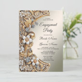 Invitation Fiançailles Floral Blanc Or Décoratif (Debout devant)