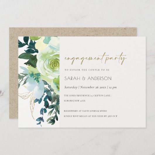 Invitation Fiançailles floral bleu chic vert (Devant / Derrière)