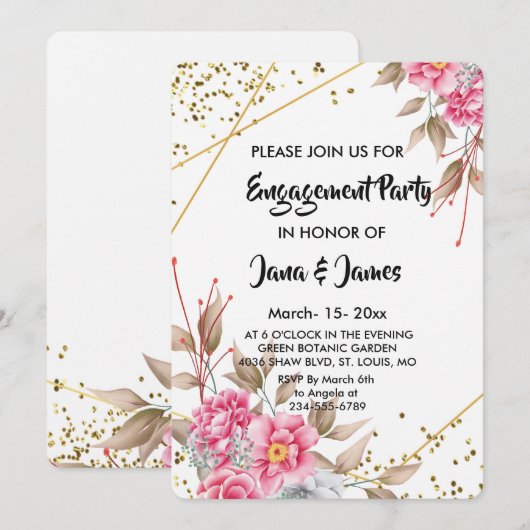 Invitation Fiançailles floral rose de cadre doré géométrique (Devant / Derrière)