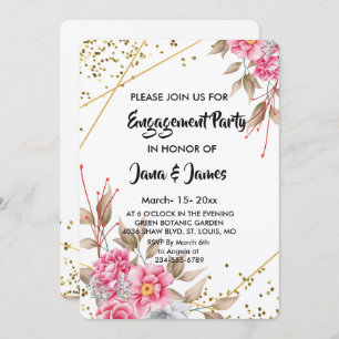 Invitation Fiançailles floral rose de cadre doré géométrique