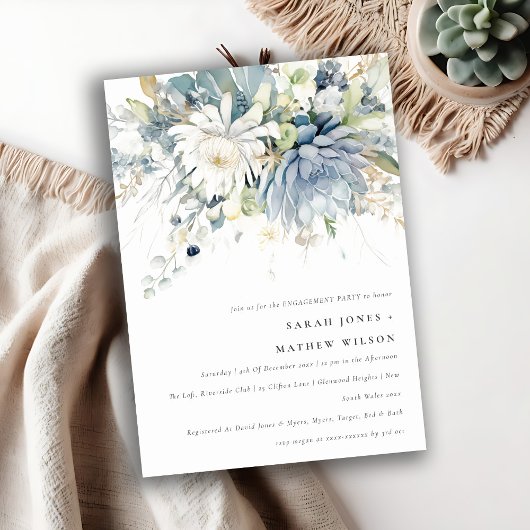 Invitation Fiançailles floral Succulent bleu doux chic