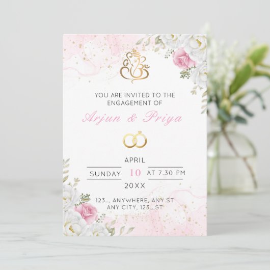 Invitation Fiançailles florale indienne élégante (Debout devant)