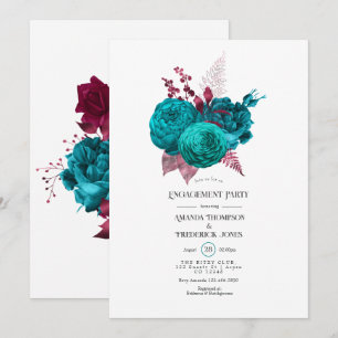 Invitation Fiançailles Florales Turquoise et Bourgogne