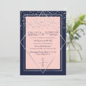 Invitation Fiançailles frontalier Marine Pink Silver Confetti (Debout devant)