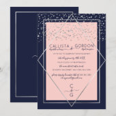 Invitation Fiançailles frontalier Marine Pink Silver Confetti (Devant / Derrière)