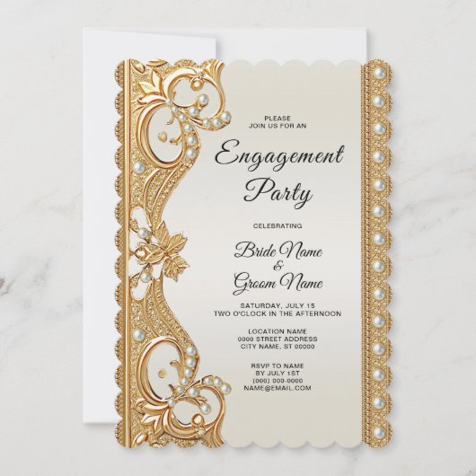 Invitation Fiançailles Gold Ornate White Pearls (Devant)