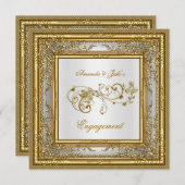 Invitation Fiançailles Gold White Damask Floral (Devant / Derrière)