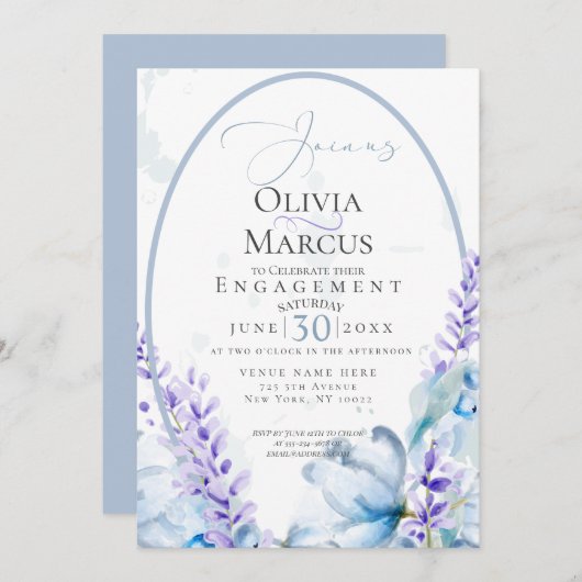 Invitation FIANÇAILLES | Lavande d'aquarelle - bleu poussiére (Devant / Derrière)