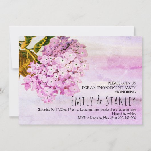 Invitation Fiançailles mariage d'hydrangées roses (Devant)