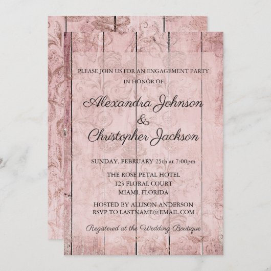 Invitation Fiançailles Mariage en bois rose Rose Rose (Devant / Derrière)