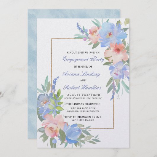 Invitation Fiançailles Mariage Pastel Pink Blue Floral (Devant / Derrière)