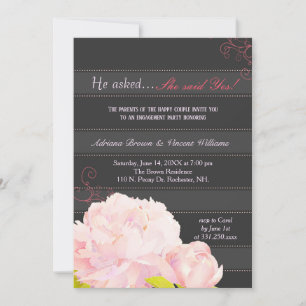 Invitation Fiançailles Mariage Pink Peony Gris Gris