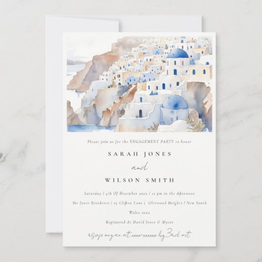 Invitation Fiançailles minimal d'aquarelle Santorini Grèce (Devant)