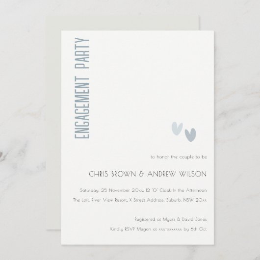 Invitation Fiançailles minimal Soft Elegant Dusky Blue Hearts (Devant / Derrière)