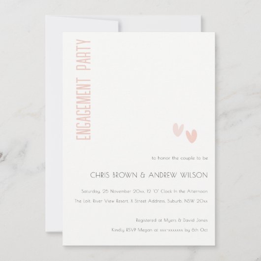 Invitation Fiançailles minimal Soft Elegant Dusky Coeurs Rose (Devant)