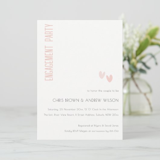 Invitation Fiançailles minimal Soft Elegant Dusky Coeurs Rose (Debout devant)