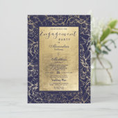 Invitation Fiançailles moderne marine bleu or floral chic (Debout devant)