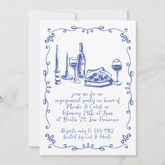Invitation Fiançailles moderne Whimsical Pizza Vin Doodle (Devant)